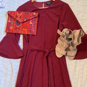 LuLu's Burgundy Shift Dress with Tie Belt, Size L